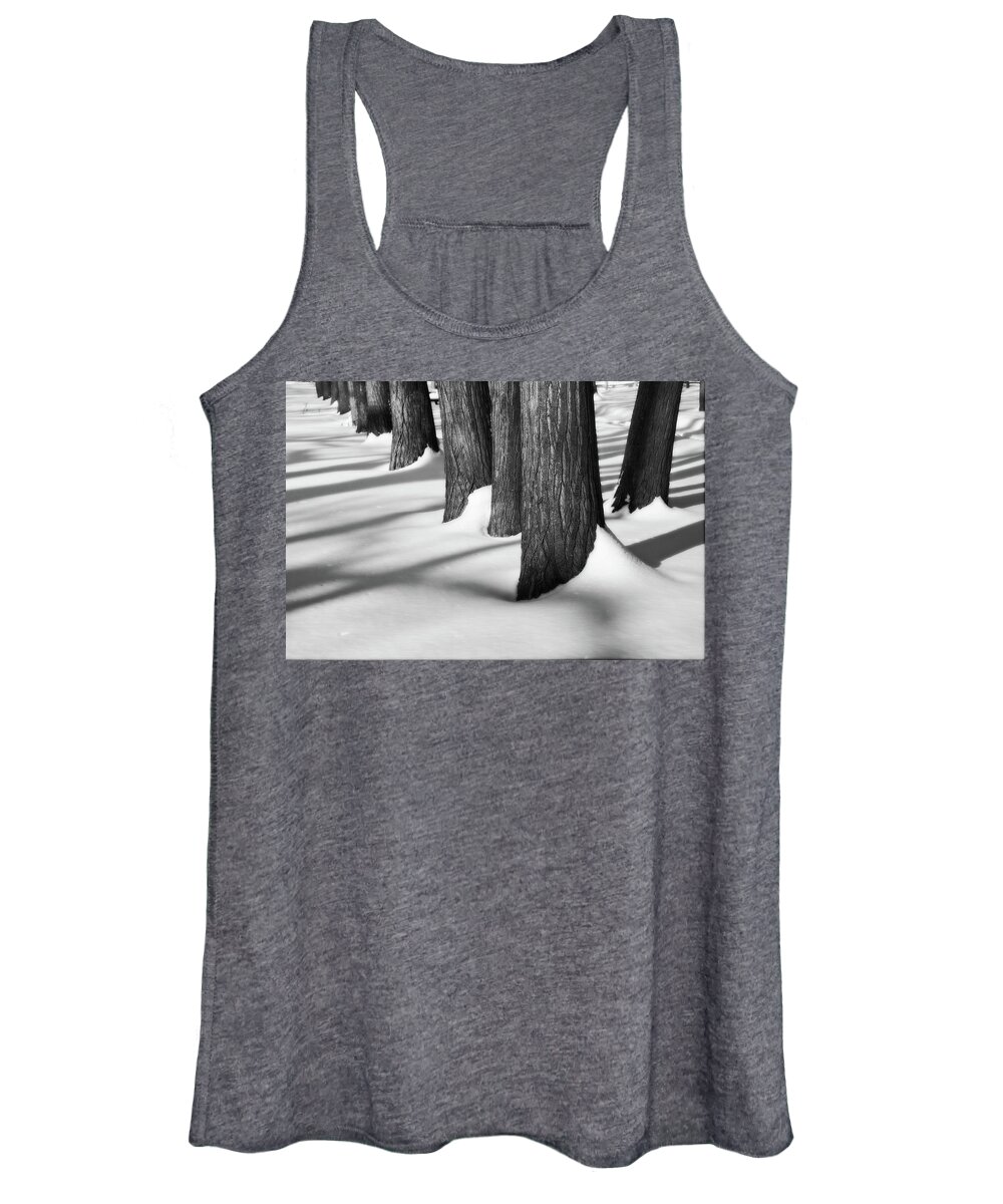 Black And White Photography Women's Tank Top featuring the photograph Trunks Frosting and Shadows by Allan Van Gasbeck