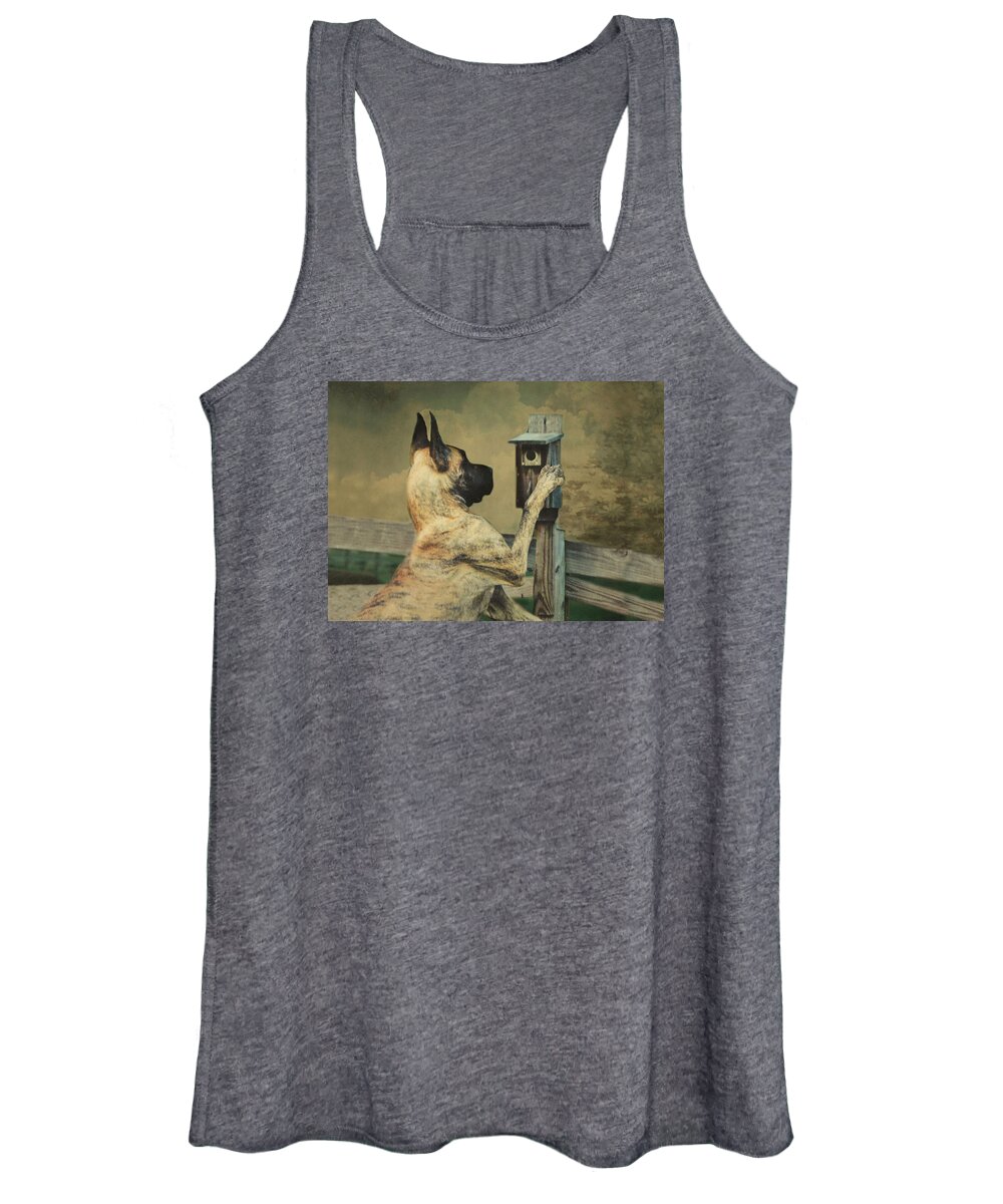 Great Dane Women's Tank Top featuring the photograph Tucker and the Birdhouse by Fran J Scott