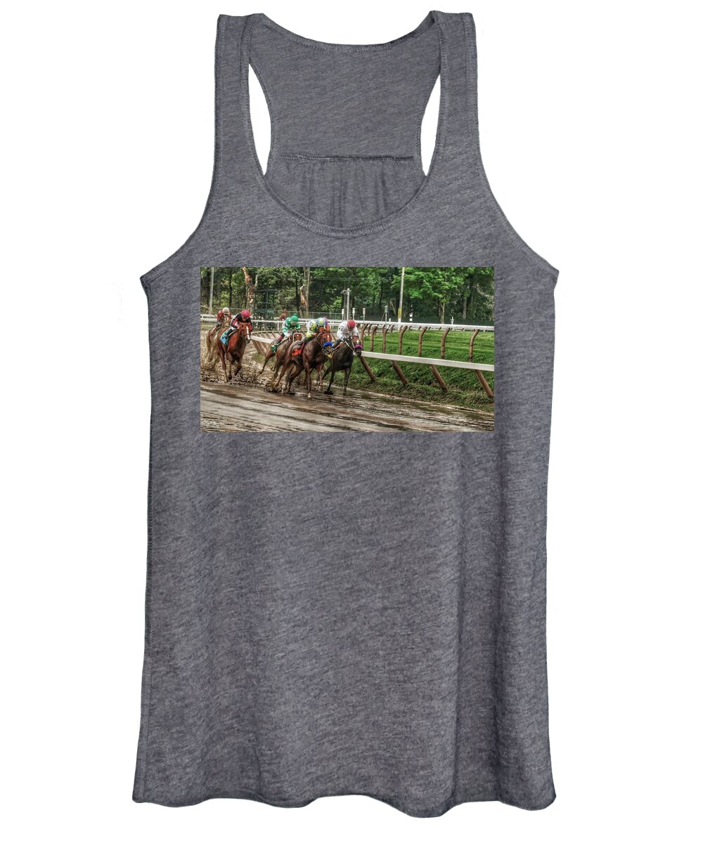 Race Horses Women's Tank Top featuring the photograph Turning the Mud by Jeffrey PERKINS