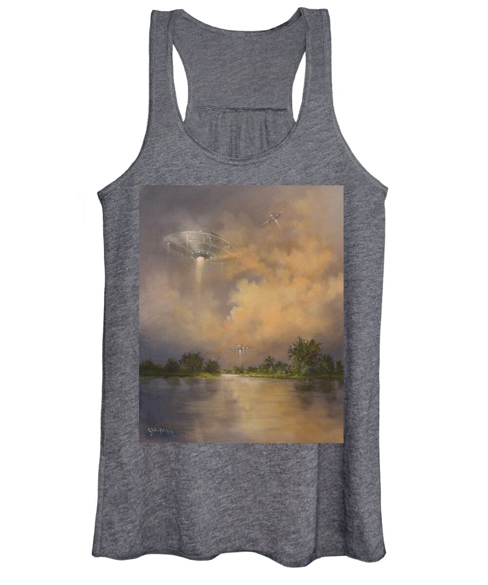 Ufo Women's Tank Top featuring the painting UFOs Above the Lake by Tom Shropshire