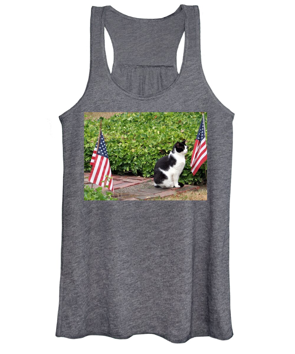 Tuxedo Cat Women's Tank Top featuring the photograph Tuxedo Cat and USA Flags by Valerie Collins