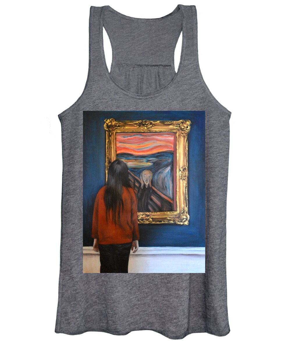 Watching The Scream ( Artist Edvard Munch) Acrylic On Canvas 85x105cm For More Museum Paintings See My Other Work Or Website If You Would Like A Painting Of You Watching Your Favorite Famous Artwork Message Me. Women's Tank Top featuring the painting Watching The Scream by Escha Van den bogerd