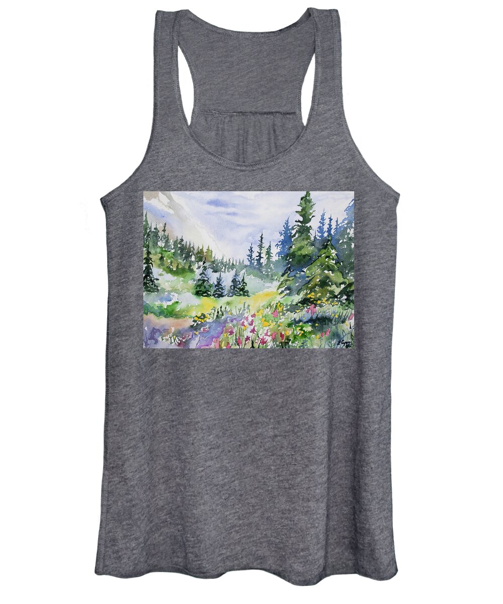 Landscape Women's Tank Top featuring the painting Watercolor - Colorado Summer Scene by Cascade Colors