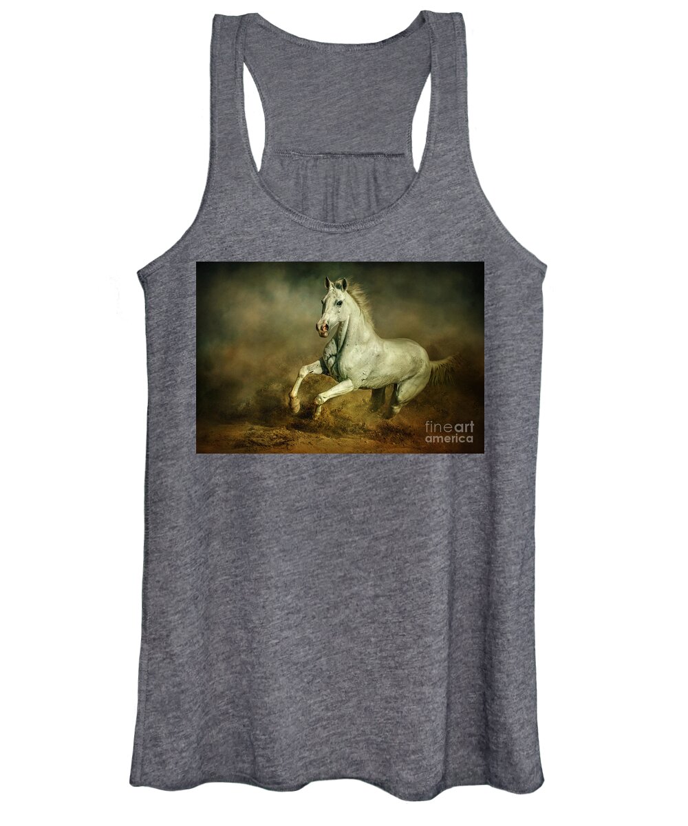 Action Women's Tank Top featuring the photograph White horse Running wild Equestrian art photography by Dimitar Hristov