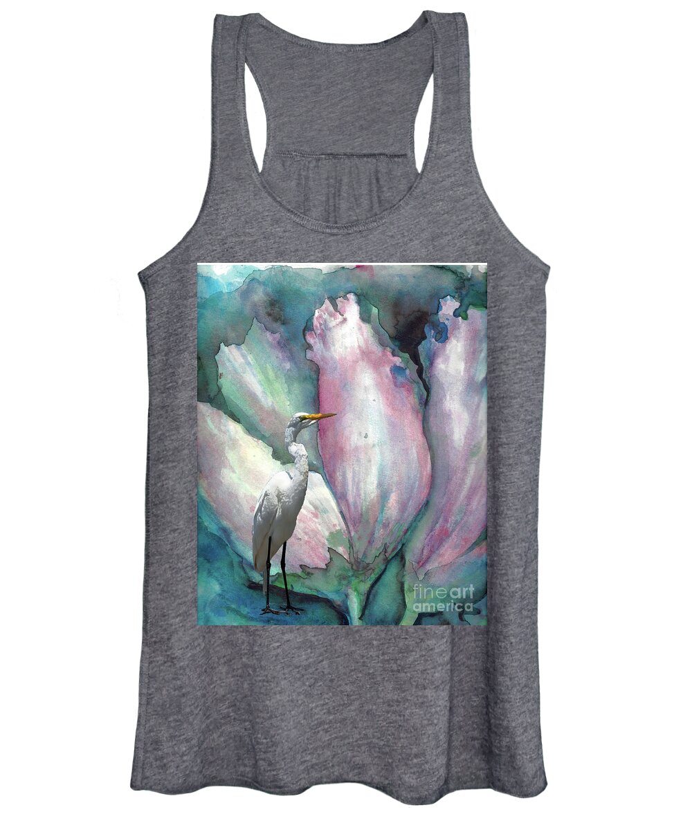 #creativemother Women's Tank Top featuring the painting White Pedal Heron by Francelle Theriot