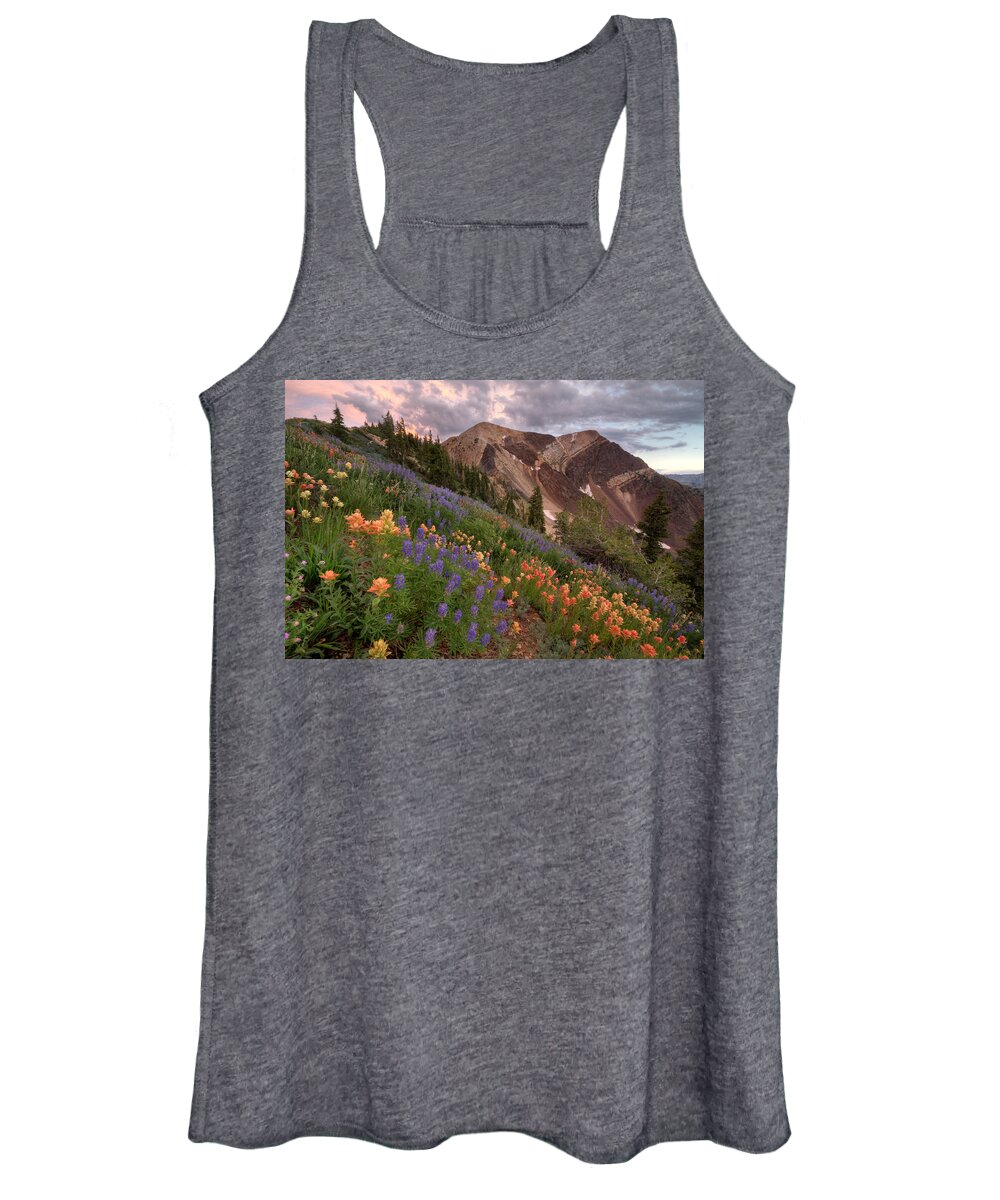 Landscape Women's Tank Top featuring the photograph Wildflowers with Twin Peaks at Sunset by Brett Pelletier