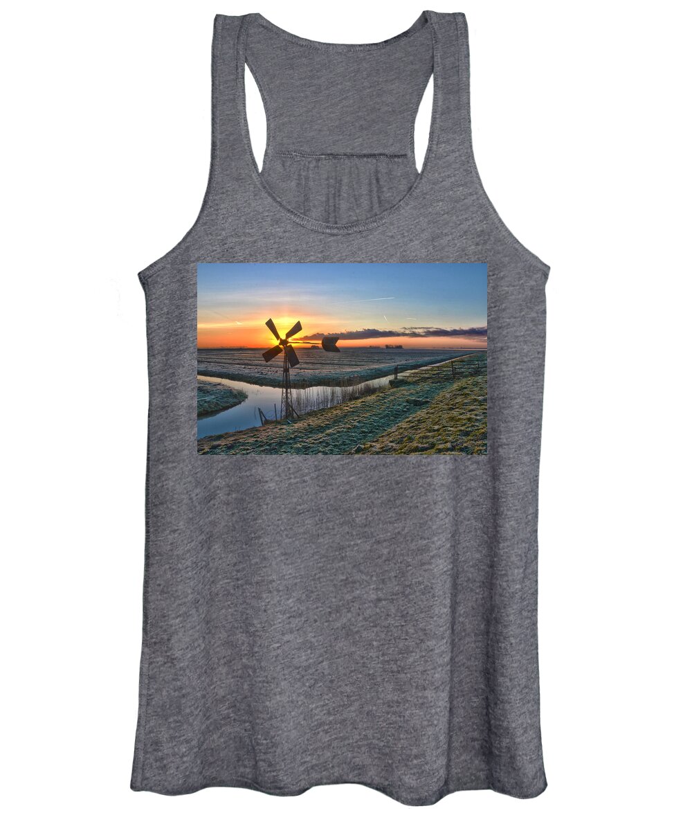 Windmill Women's Tank Top featuring the photograph Windmill at Sunrise by Frans Blok