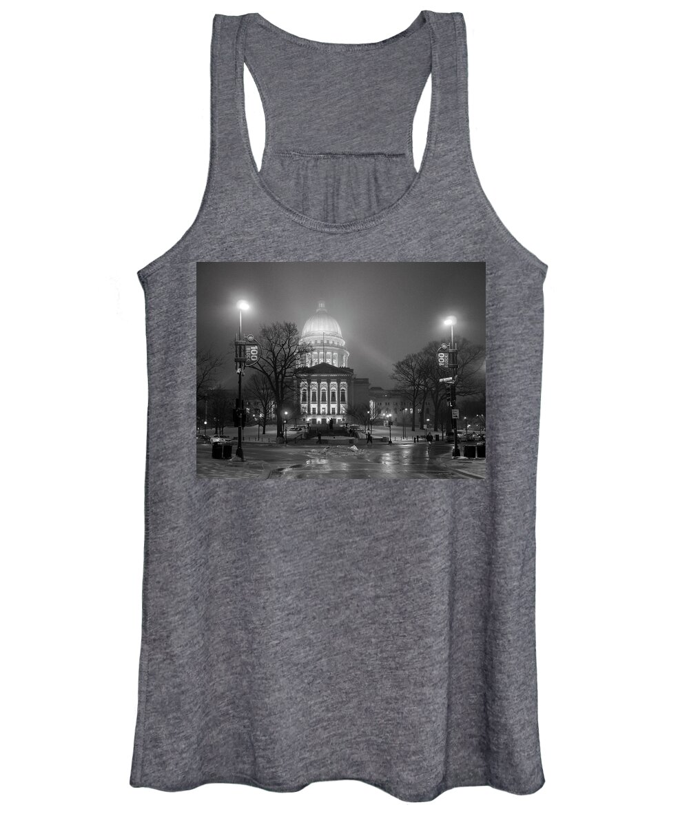 Wisconsin State Capitol Women's Tank Top featuring the photograph Wisconsin State Capitol-Foggy Night by Todd Bannor