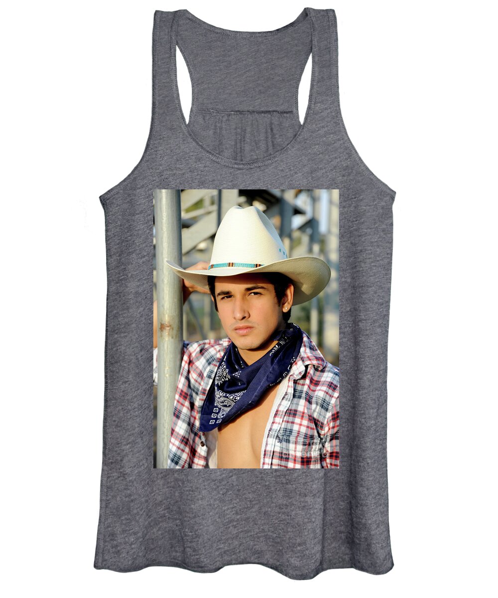 Cowboy Women's Tank Top featuring the photograph Young Cowboy in White Cowboy Hat by Gunther Allen