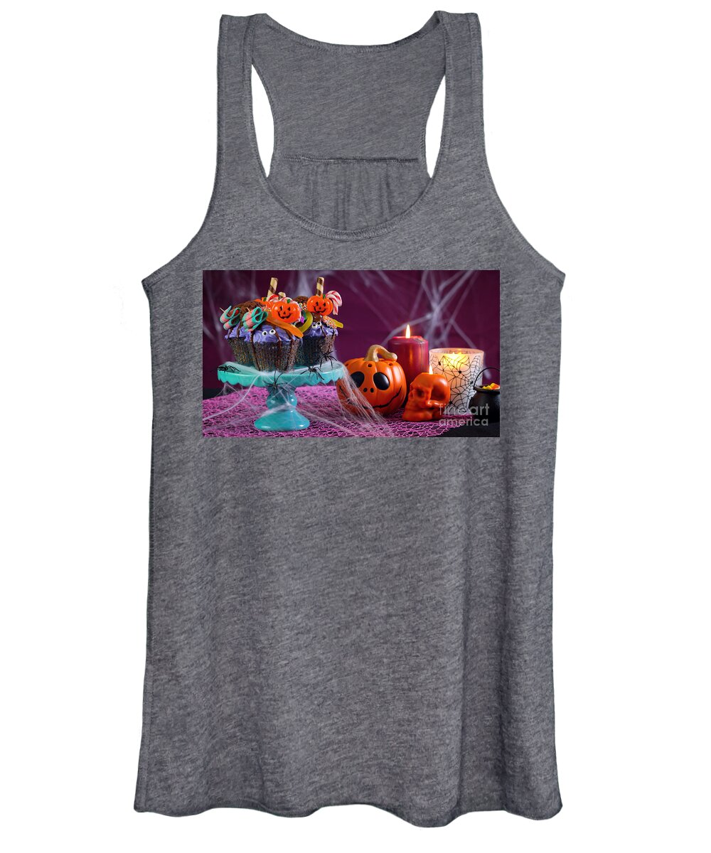 Halloween Women's Tank Top featuring the photograph Halloween candyland drip cake style cupcakes in party table setting. #1 by Milleflore Images