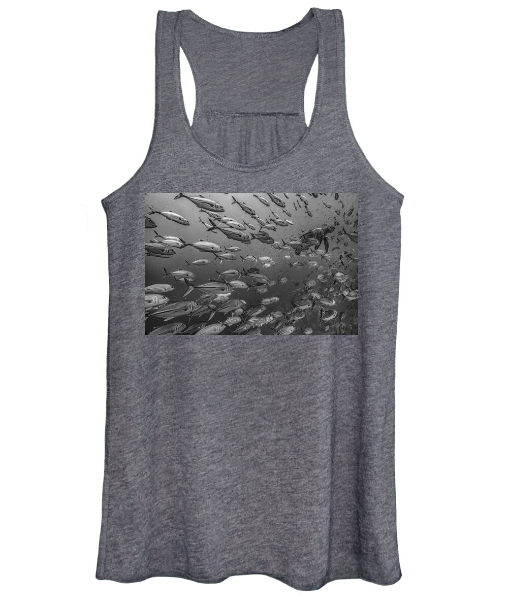 Disk1215 Women's Tank Top featuring the photograph Sea Turtle And Schooling Fish #1 by Tim Fitzharris