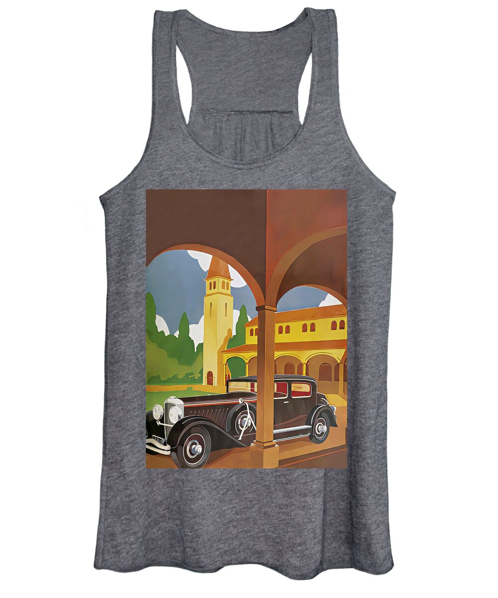 Vintage Women's Tank Top featuring the mixed media 1932 Duesenberg Model J Coupe In Courtyard Setting Original French Art Deco Illustration by Retrographs