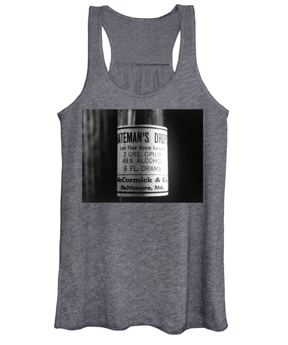 Bateman's Drops Women's Tank Top featuring the photograph Antique McCormick and Co Baltimore MD Bateman's Drops Opium Bottle Label - Black and White by Marianna Mills