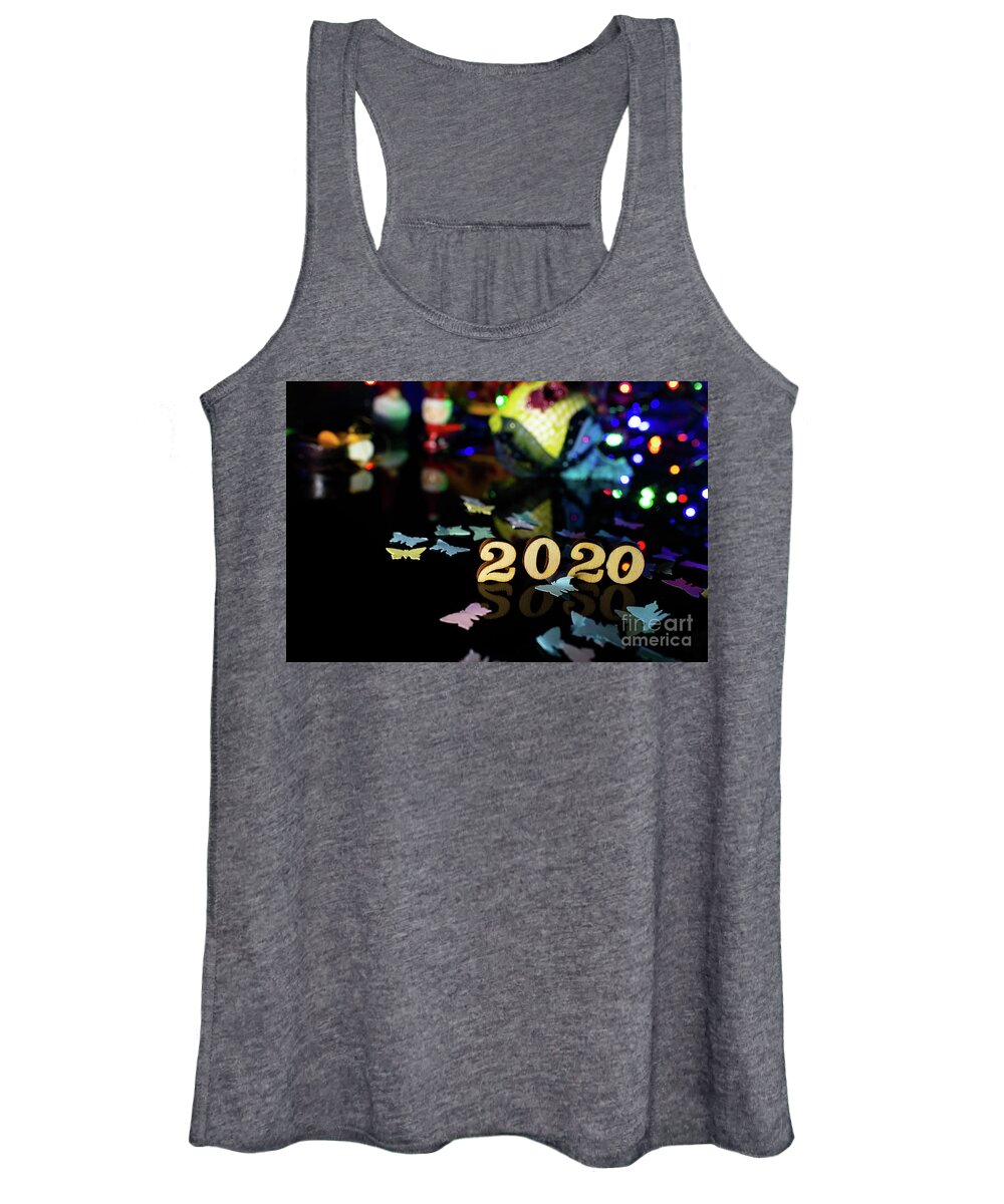 2020 Women's Tank Top featuring the photograph 2020 happy new year wood number Christmas decoration and snow wi by Joaquin Corbalan