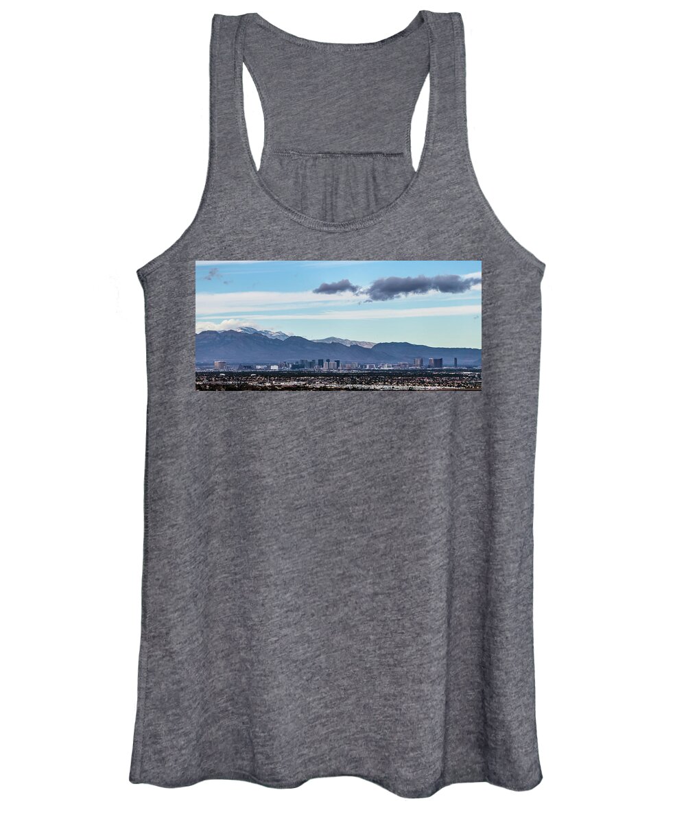 Strip Women's Tank Top featuring the photograph Las vegas city surrounded by red rock mountains and valley of fi #5 by Alex Grichenko