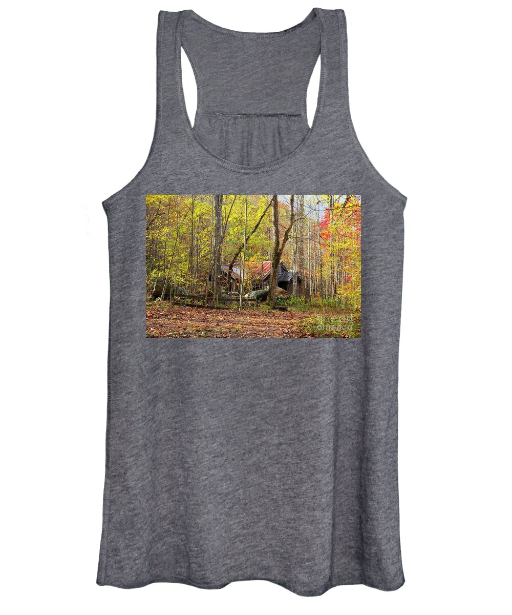Photographs Women's Tank Top featuring the photograph Abandoned Farmhouse Embraced By Fall Foliage by Felix Lai