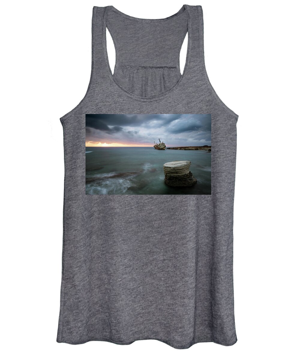Seascape; Coastline; Sunset; Sundown Women's Tank Top featuring the photograph Abandoned Ship EDRO III Cyprus by Michalakis Ppalis