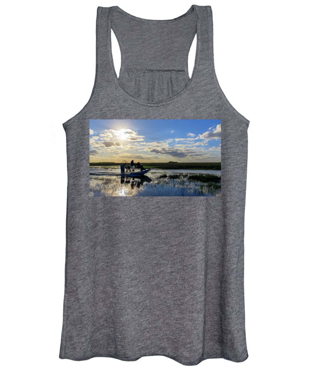 Airboat Women's Tank Top featuring the photograph Airboat at Sunset #660 by Michael Fryd