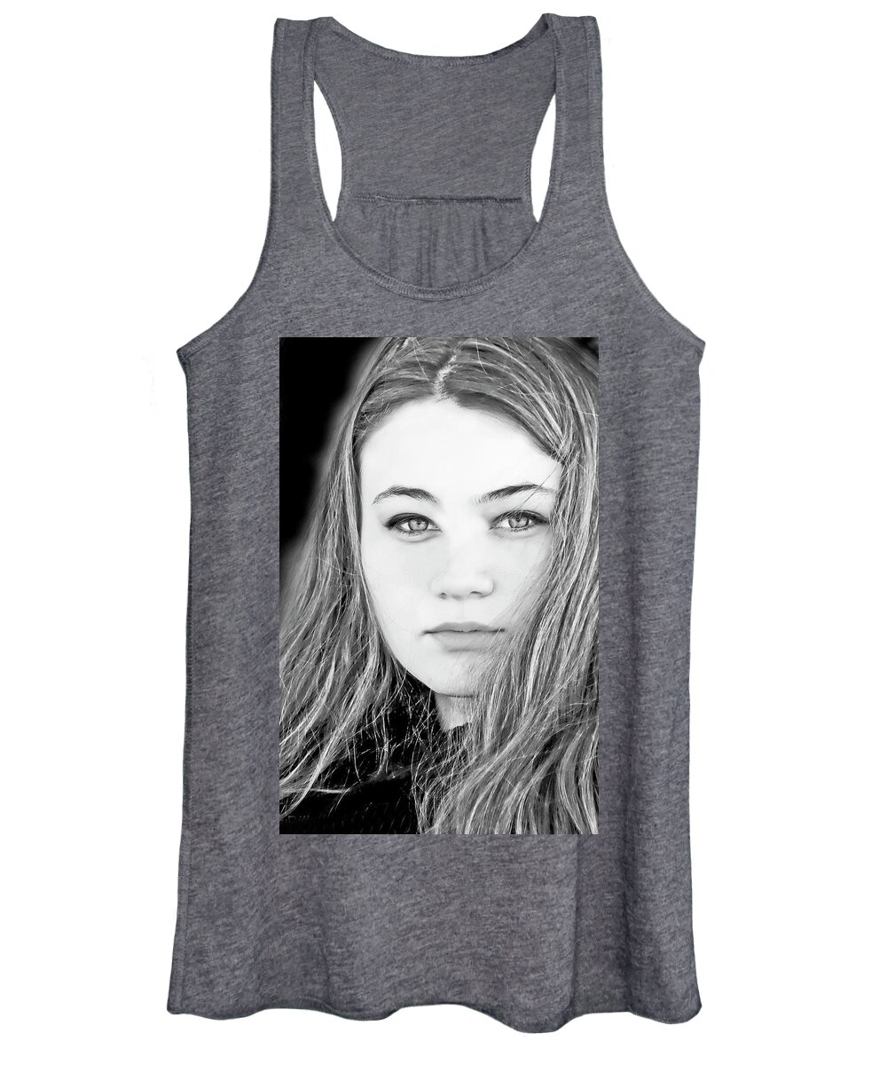 Young Woman Women's Tank Top featuring the photograph Amelia in black and white by Bill Jonscher