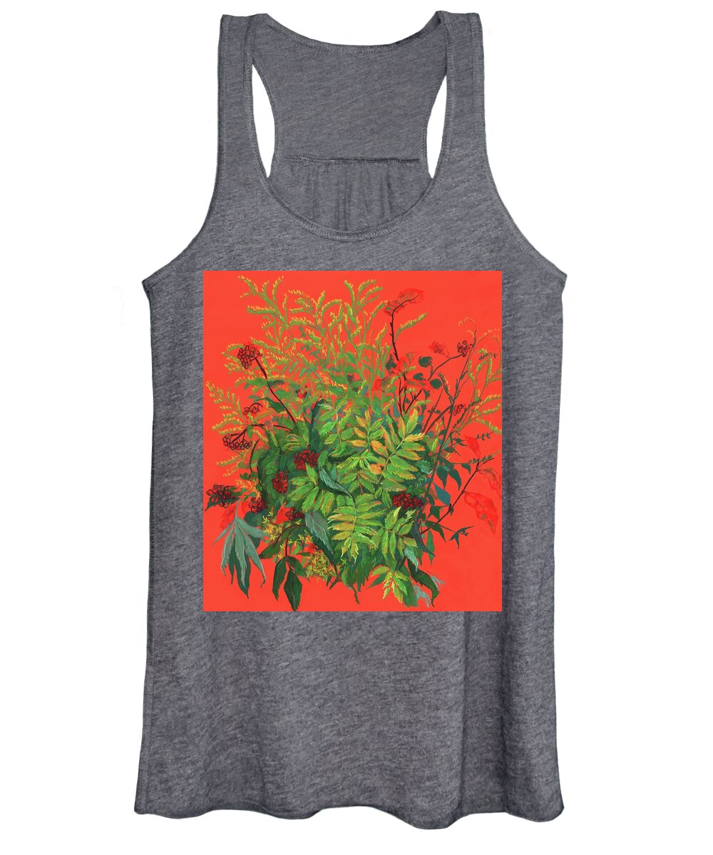 Autumnal Plants Bouquet Women's Tank Top featuring the painting Autumn floral, rowan leaves, elder berries and goldenrod by Julia Khoroshikh