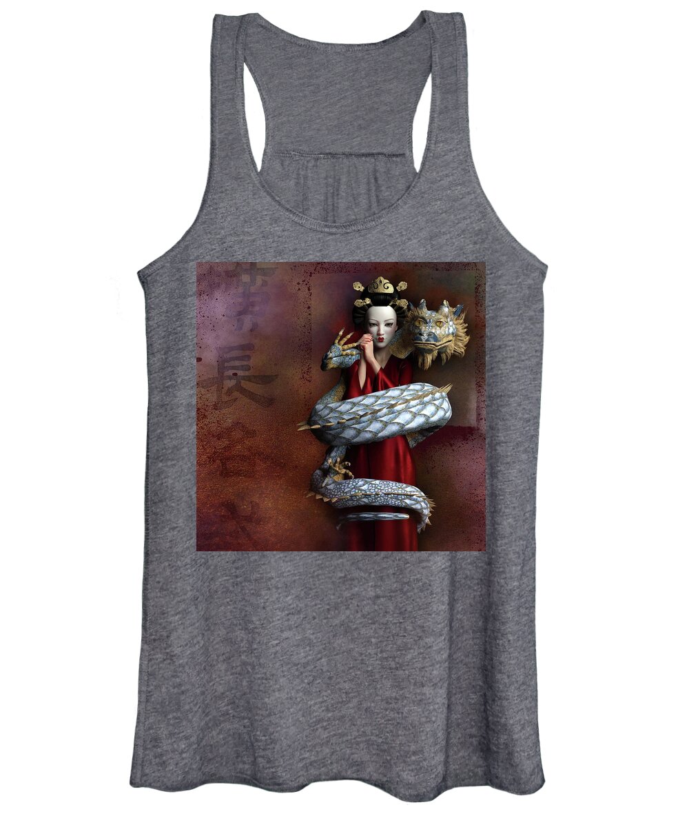 Red Geisha Dragon Women's Tank Top featuring the digital art Asiatique #1 by Alisa Williams