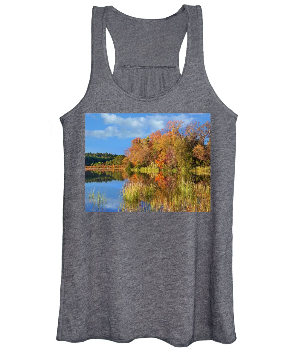 00544899 Women's Tank Top featuring the photograph Autumn Along Lake, Tyler State Park, Texas by Tim Fitzharris