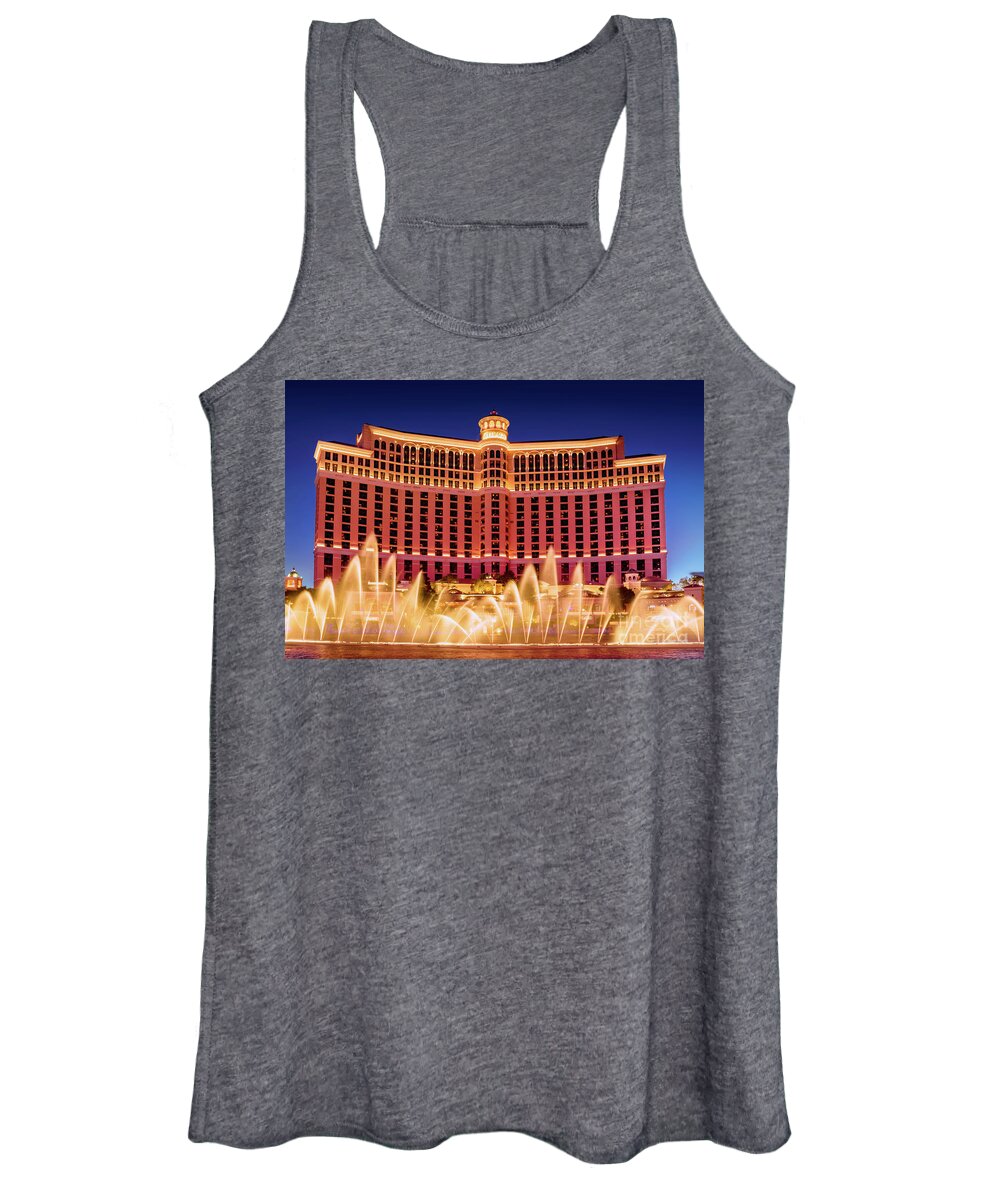 Bellagio Women's Tank Top featuring the photograph Bellagio Fountains Arches at Dusk by Aloha Art