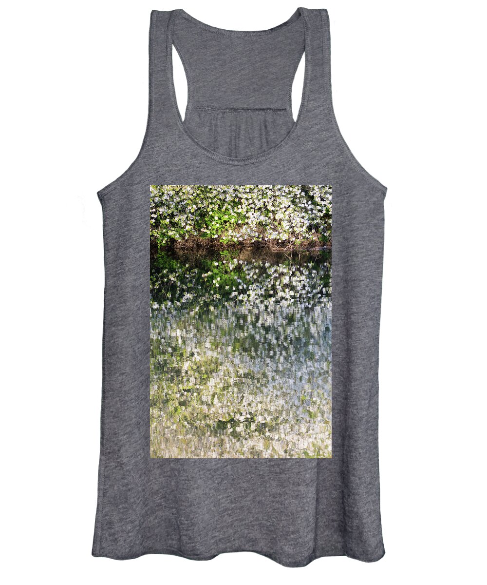  Women's Tank Top featuring the photograph Blossom Reflections In A River In Spring - portrait by Anita Nicholson