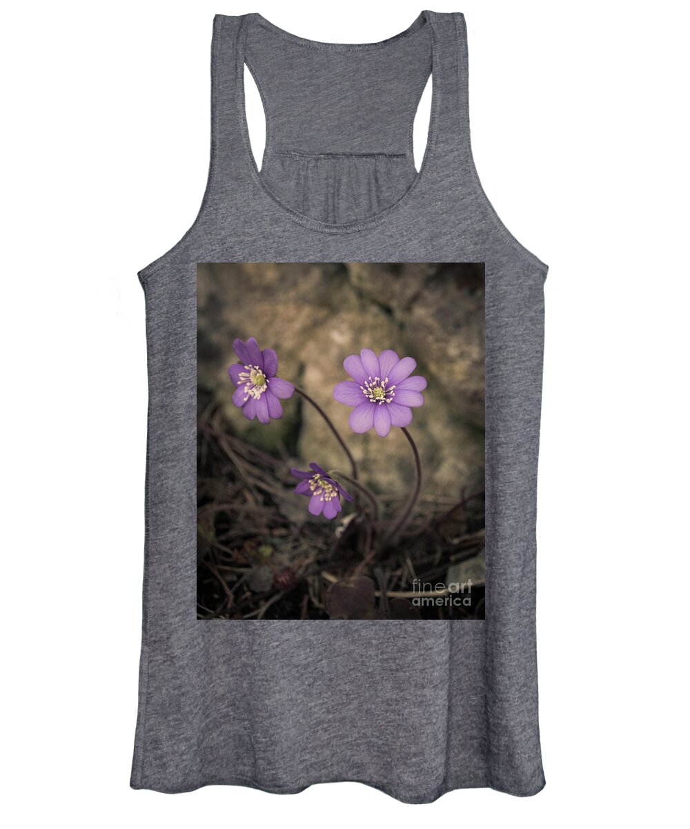Common Women's Tank Top featuring the photograph Blue violet anemone flower growing in a stone wall by Amanda Mohler
