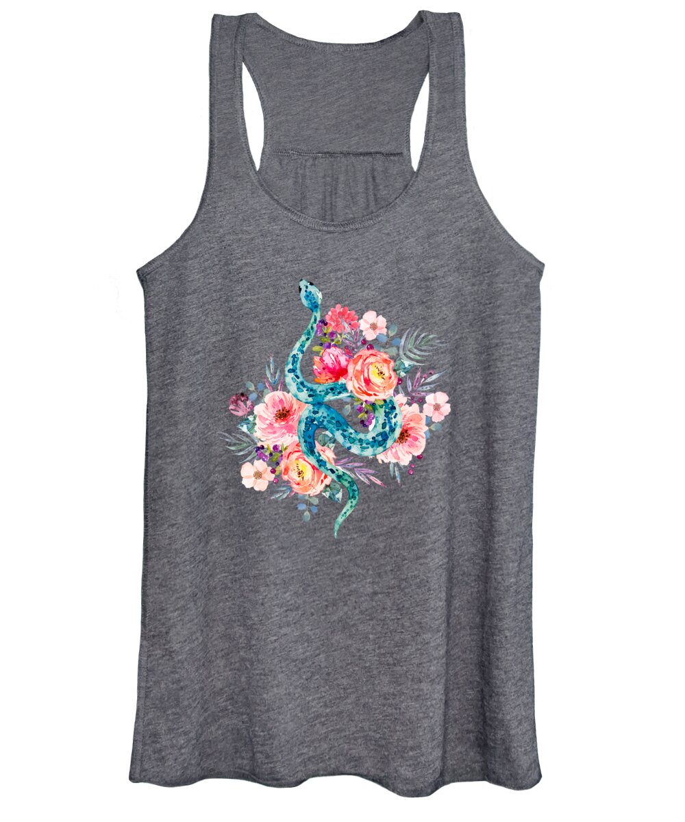 Flowers Women's Tank Top featuring the painting Blue Watercolor Snake In The Flower Garden by Little Bunny Sunshine