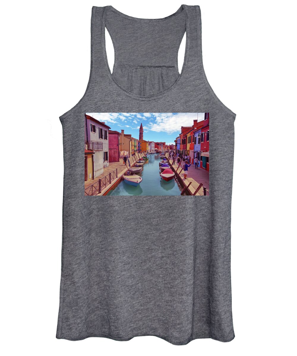 Brightly Women's Tank Top featuring the photograph Brightly painted houses and small boats in canal by Steve Estvanik