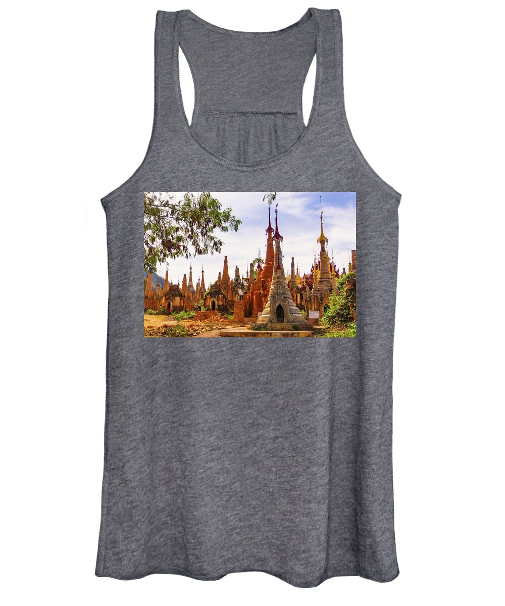 Stupa Women's Tank Top featuring the photograph Burmese stupas in Indein,lake Inle, Myanmar by Ann Moore