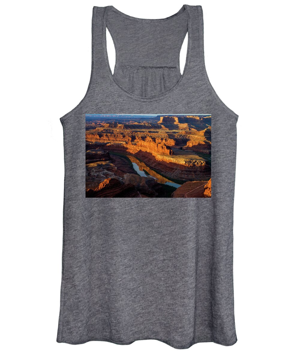 The Almost Full Moon Setting Over The Canyon At Dead Horse Point In Utah As The Sun Rose Lighting Up The Canyon Below. Women's Tank Top featuring the photograph Canyon Wall Reflection by Johnny Boyd
