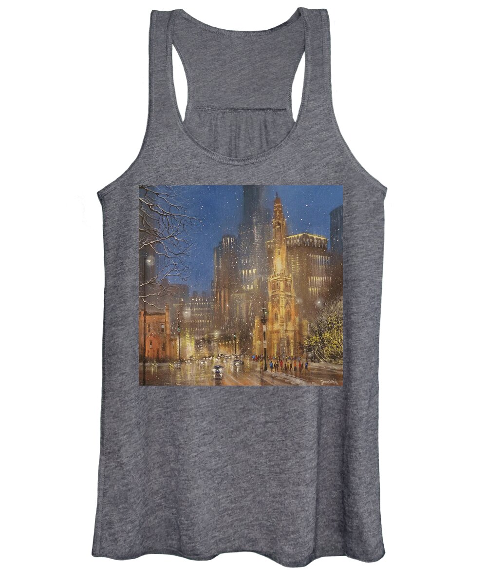 Snow Scene Women's Tank Top featuring the painting Chicago Water Tower by Tom Shropshire