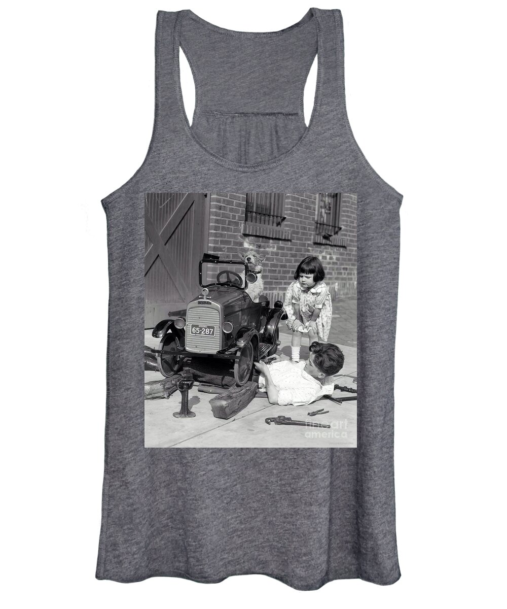 Vintage Women's Tank Top featuring the photograph Children And Dog Repairing 1920s Pedal Car by Retrographs