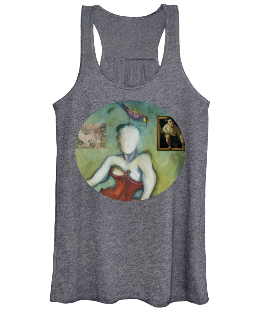 Burlesque Women's Tank Top featuring the painting Chin Chin With an Imaginary Bird on Her Head by Carolyn Weltman