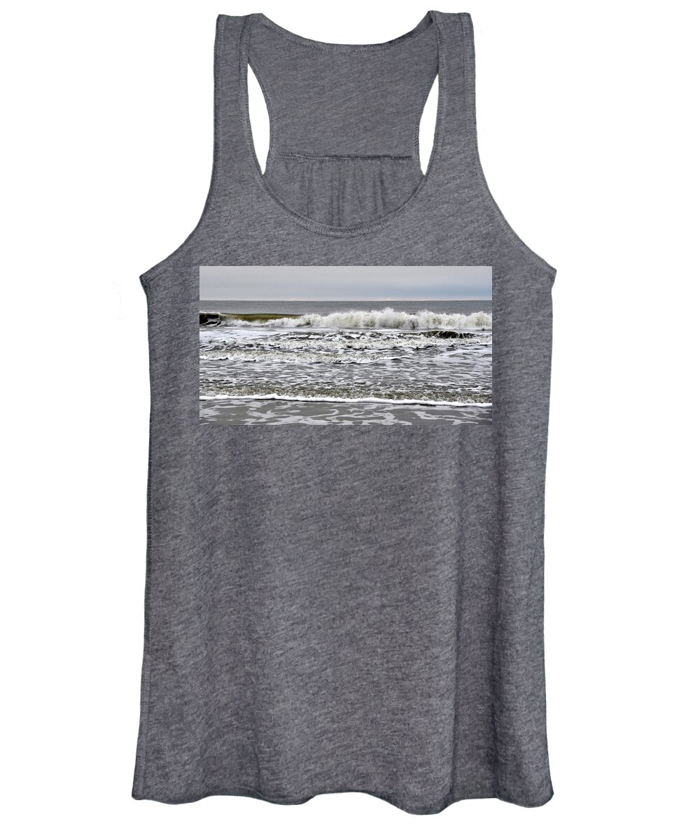 Surf's Up Women's Tank Top featuring the photograph Cloudy day morning surf on Hilton Head Island by Dennis Schmidt