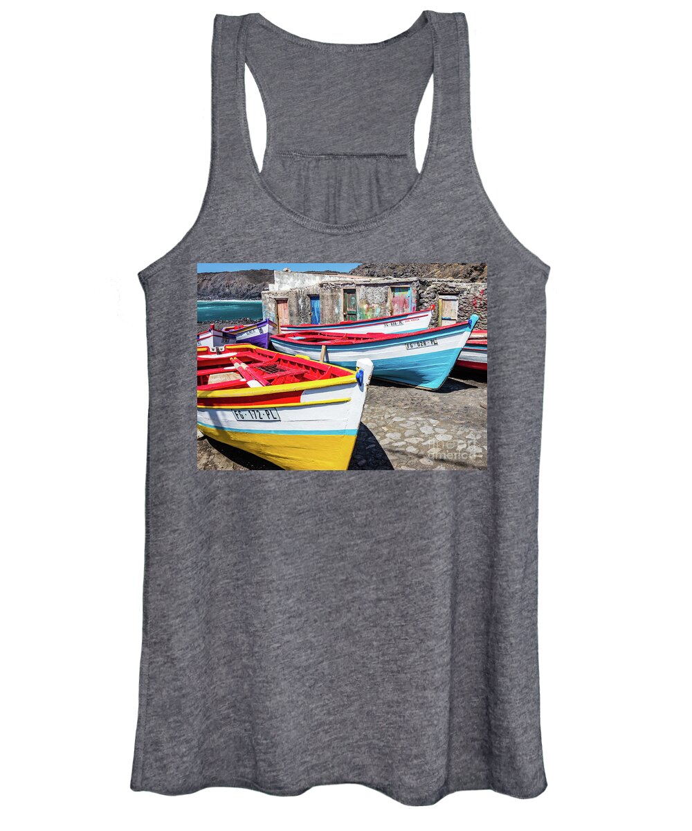 Boat Women's Tank Top featuring the photograph Colorful fishing boats, Cape Verde by Lyl Dil Creations