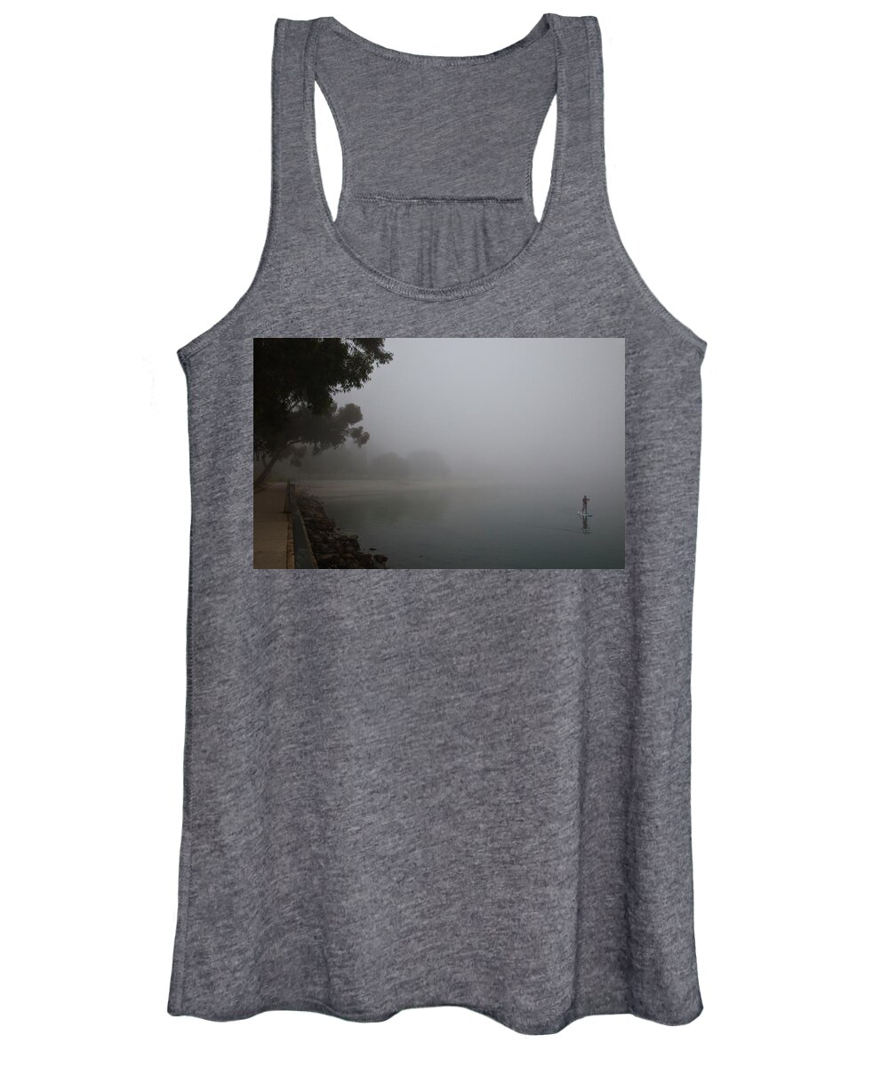Black And White Women's Tank Top featuring the photograph Dana Point California Paddle Board in Fog by Catherine Walters