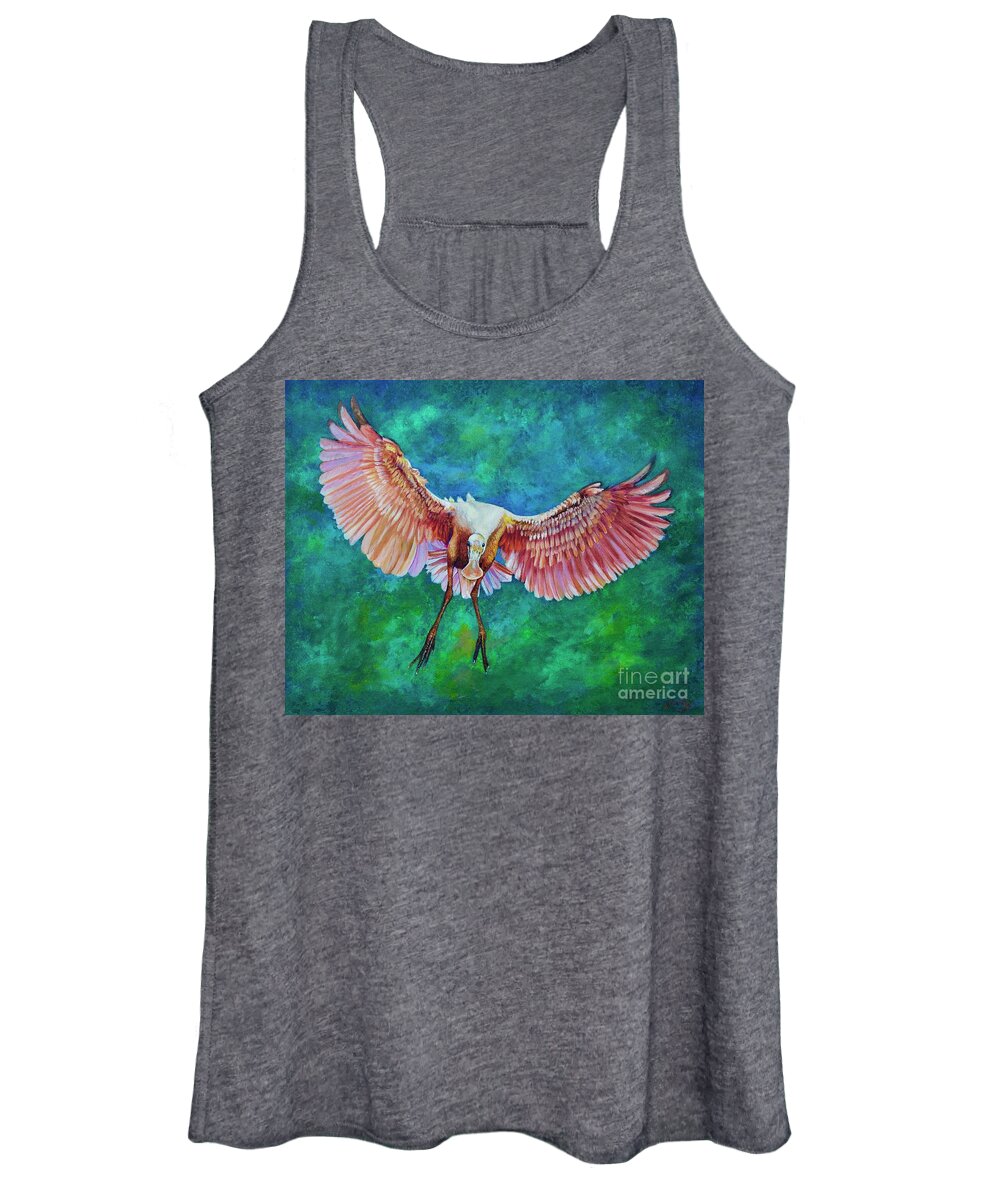 Roseate Spoonbill Women's Tank Top featuring the painting Fledgling FLight by AnnaJo Vahle