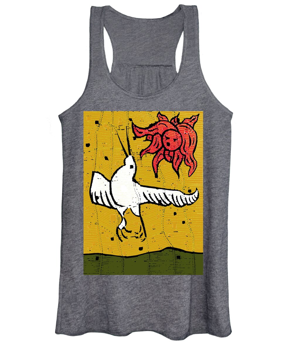 Flying Women's Tank Top featuring the digital art Flying bird and red sun face by Edgeworth Johnstone