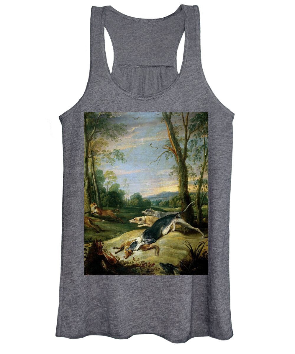 Foxes Persecuted By Dogs Women's Tank Top featuring the painting 'Foxes Persecuted by Dogs', 17th century, Flemish School, Oil on canvas, 111 cm x... by Frans Snyders -1579-1657-