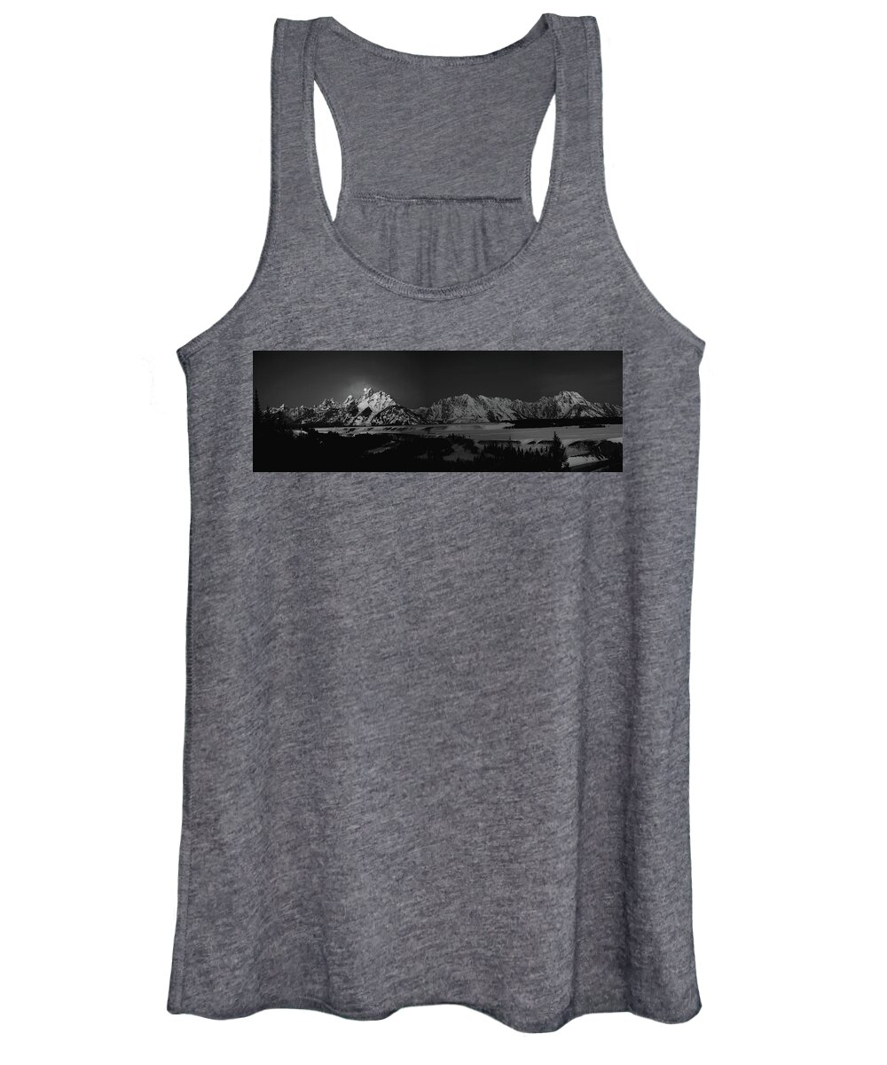 Full Moon Women's Tank Top featuring the photograph Full Moon Sets in the Tetons Panorama by Raymond Salani III