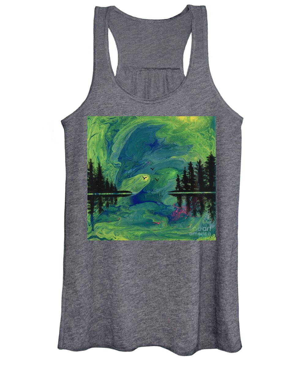 Acrylic Women's Tank Top featuring the mixed media Green Pour and Pines by Monika Shepherdson