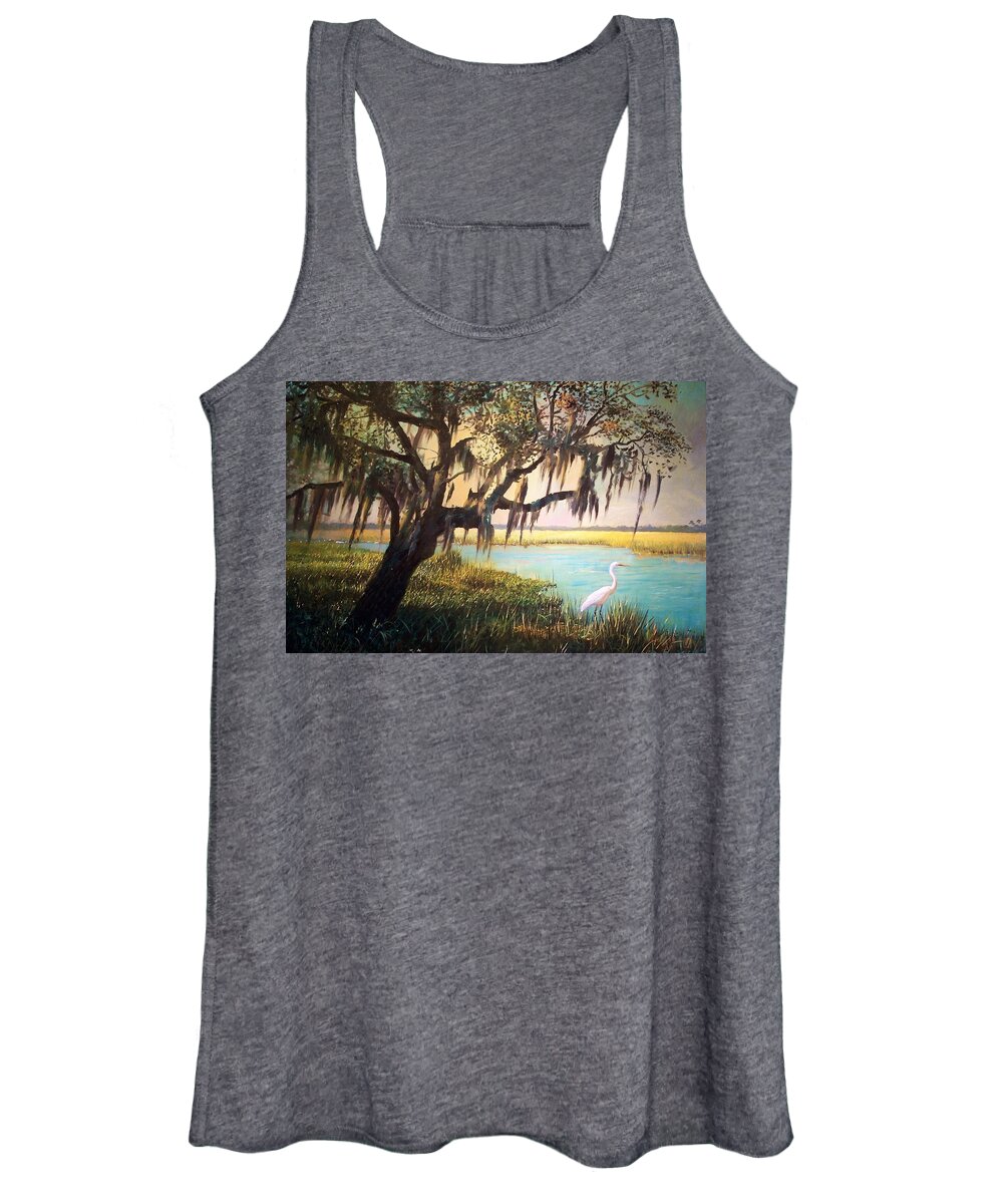 Marsh Women's Tank Top featuring the painting Heron and Live Oak Tree by Blue Sky