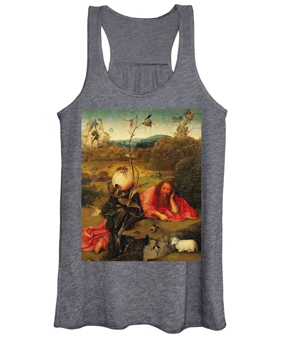 Hieronymus Bosch Women's Tank Top featuring the painting Hieronymus Bosch / 'Saint John the Baptist in the Wilderness', c. 1489, Oil on panel, 48.5 x 40 cm. by Hieronymus Bosch -c 1450-1516-