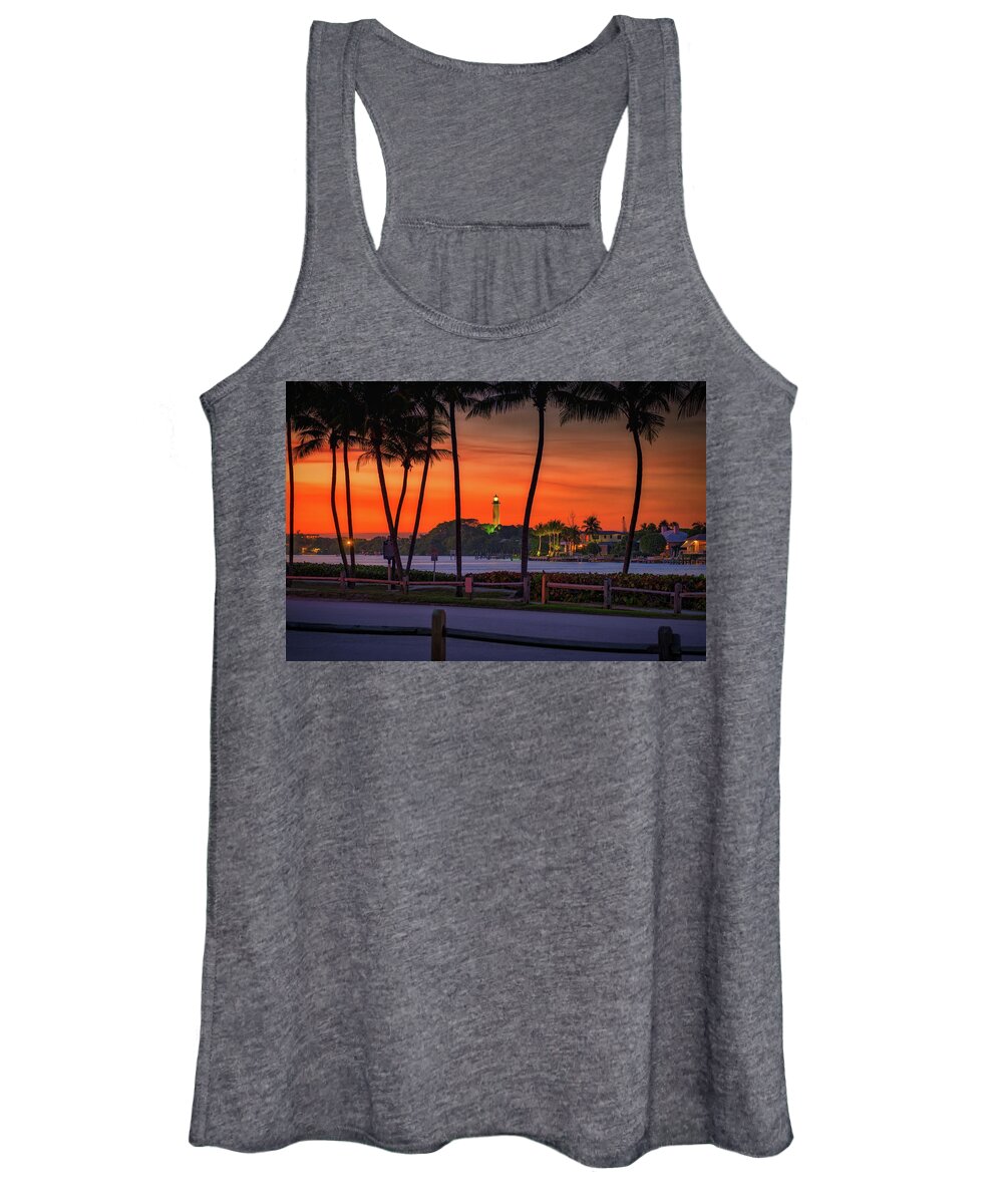 Jupiter Lighthouse Women's Tank Top featuring the photograph Jupiter Inlet Lighthouse and Museum Sunset Red Colors by Kim Seng