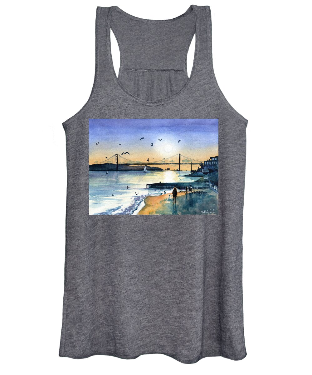 Portugal Women's Tank Top featuring the painting Lisbon 25 Abril Bridge at Dusk by Dora Hathazi Mendes