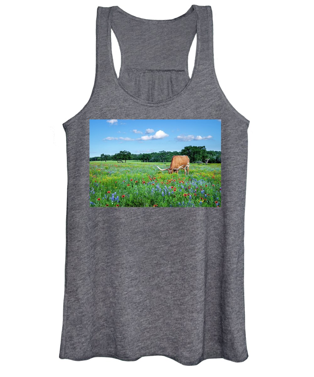 Texas Wildflowers Women's Tank Top featuring the photograph Longhorn In Bluebonnets by Johnny Boyd