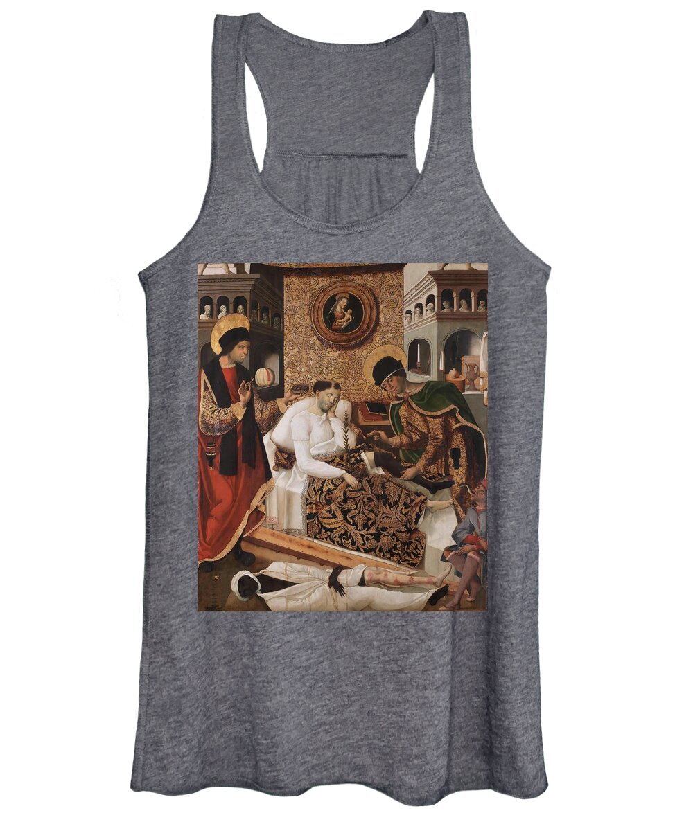 Fernando Del Rincon Women's Tank Top featuring the painting 'Miracles of the Doctor Saints Cosmas and Damian'. Ca. 1510. Oil on panel. by Fernando del Rincon de Figueroa -fl 1491-1525-